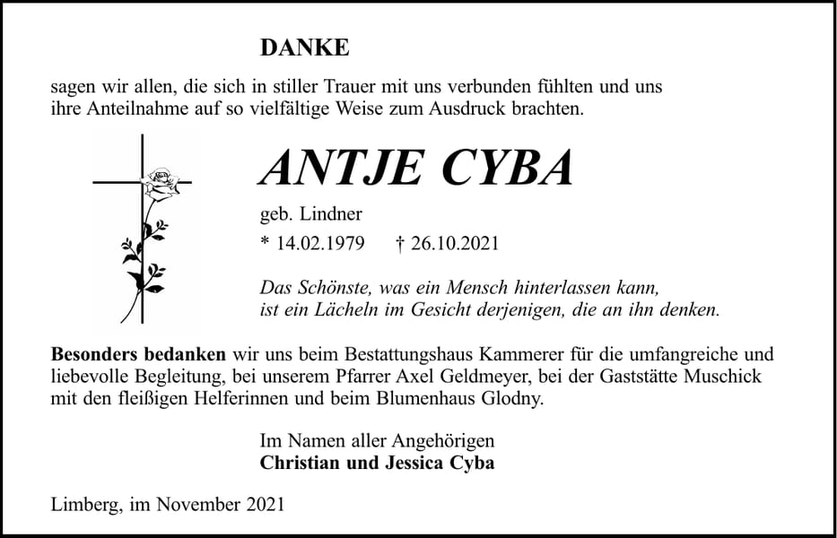 Danksagung Antje Cyba, geb. Lindner
