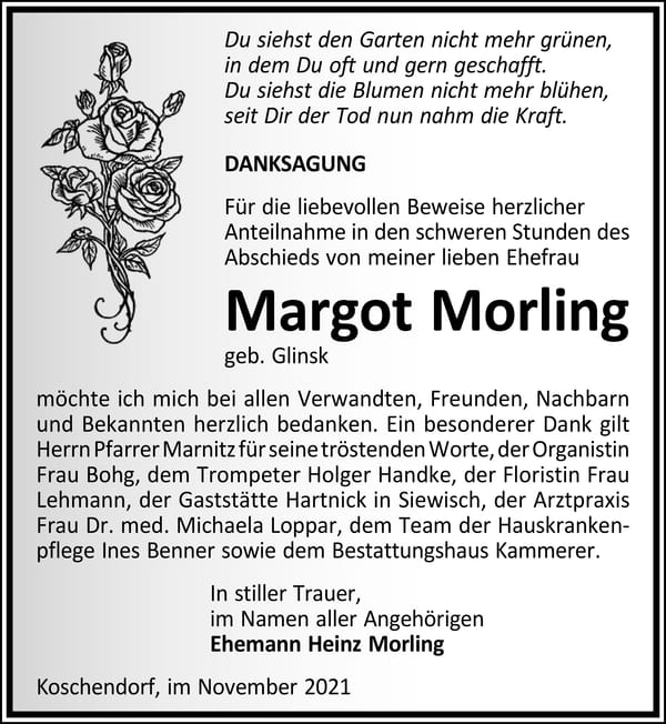 Danksagung Margot Morling, geb. Glinsk