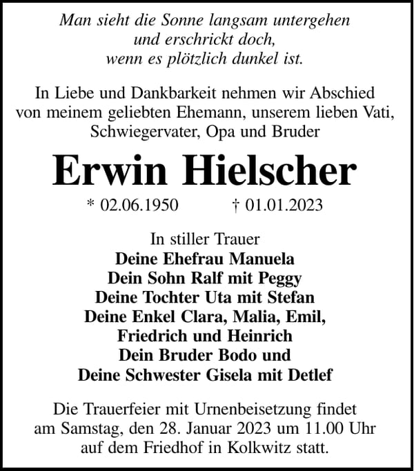 Traueranzeige Erwin Hielscher