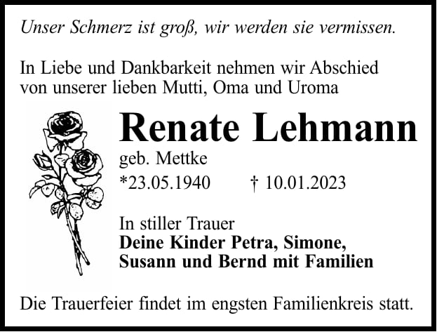 Traueranzeige Renate Lehmann, geb. Mettke