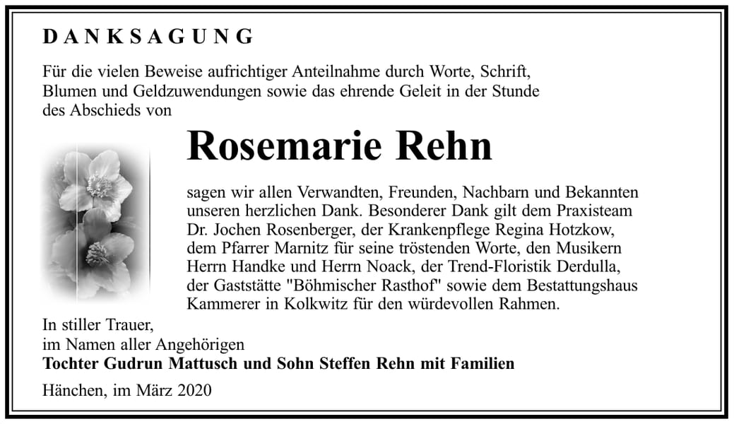 Danksagung Rosemarie Rehn