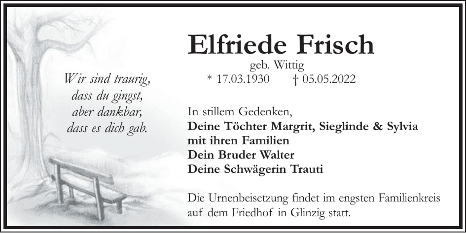 Traueranzeige Elfriede Frisch, geb. Wittig