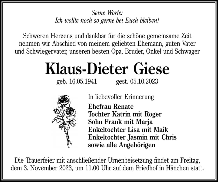 Traueranzeige Klaus-Dieter Giese