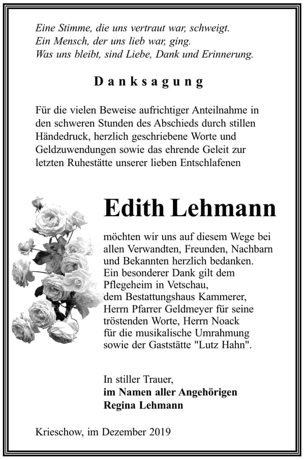 Danksagung Edith Lehmann