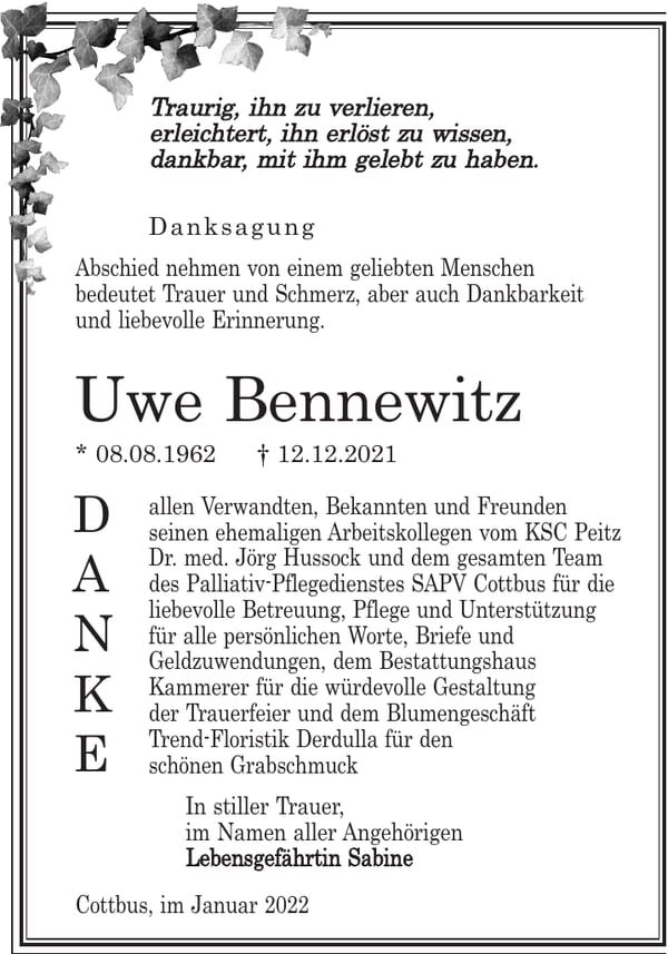 Traueranzeige Uwe Bennewitz