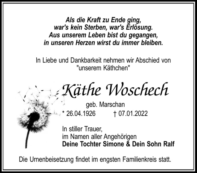Traueranzeige Käthe Woschech, geb. Marschan