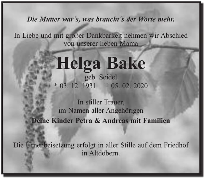 Traueranzeige Helga Bake, geb. Seidel