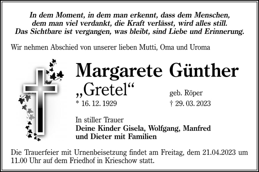 Traueranzeige Margarete Günther, geb. Röper