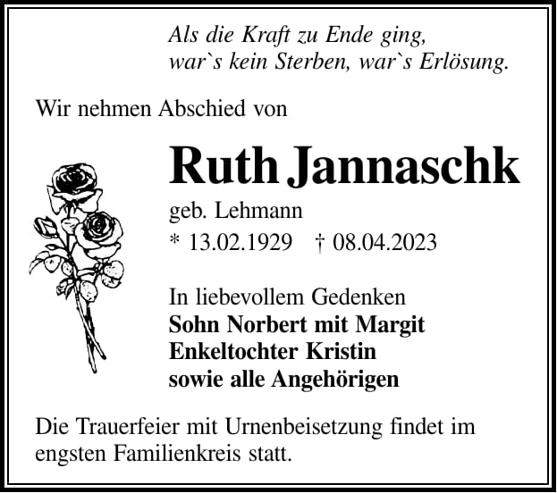 Traueranzeige Ruth Jannaschk, geb. Lehmann