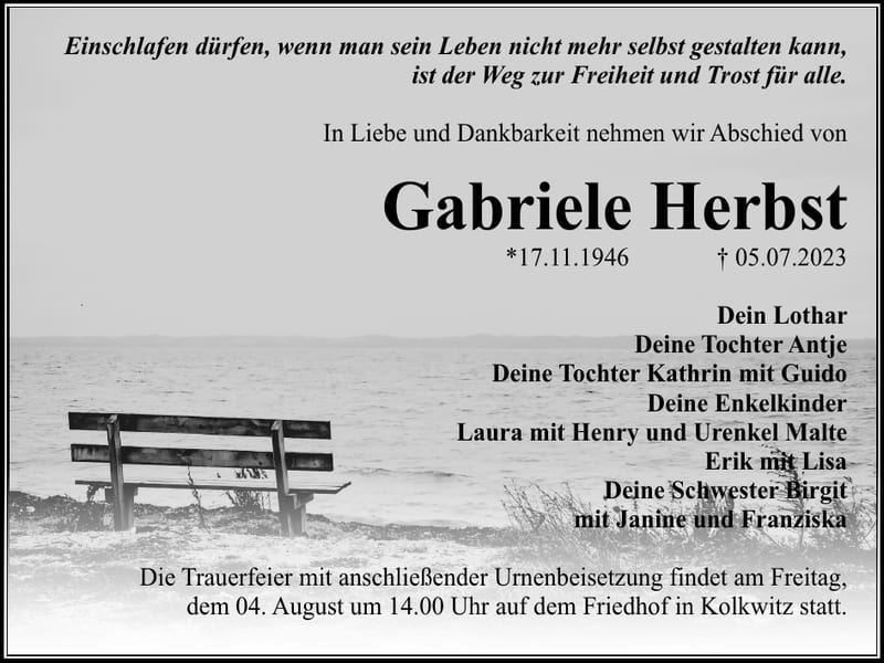 Traueranzeige Gabriele Herbst