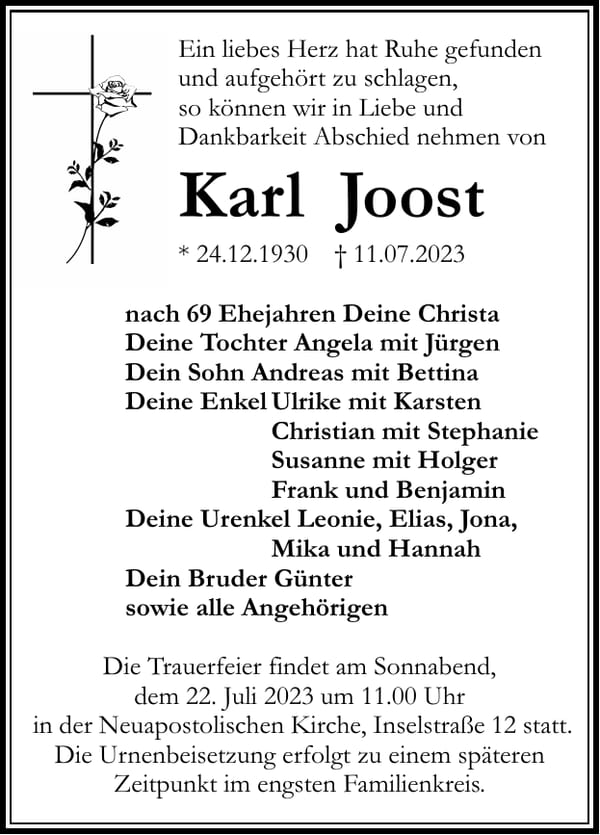 Traueranzeige Karl Joost