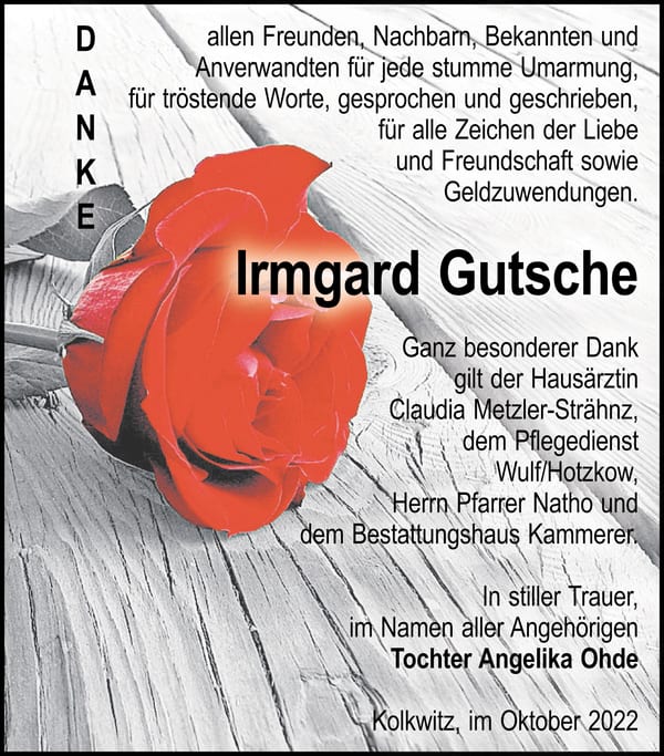Danksagung Irmgard Gutsche