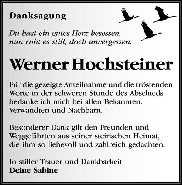Danksagung Werner Hochsteiner