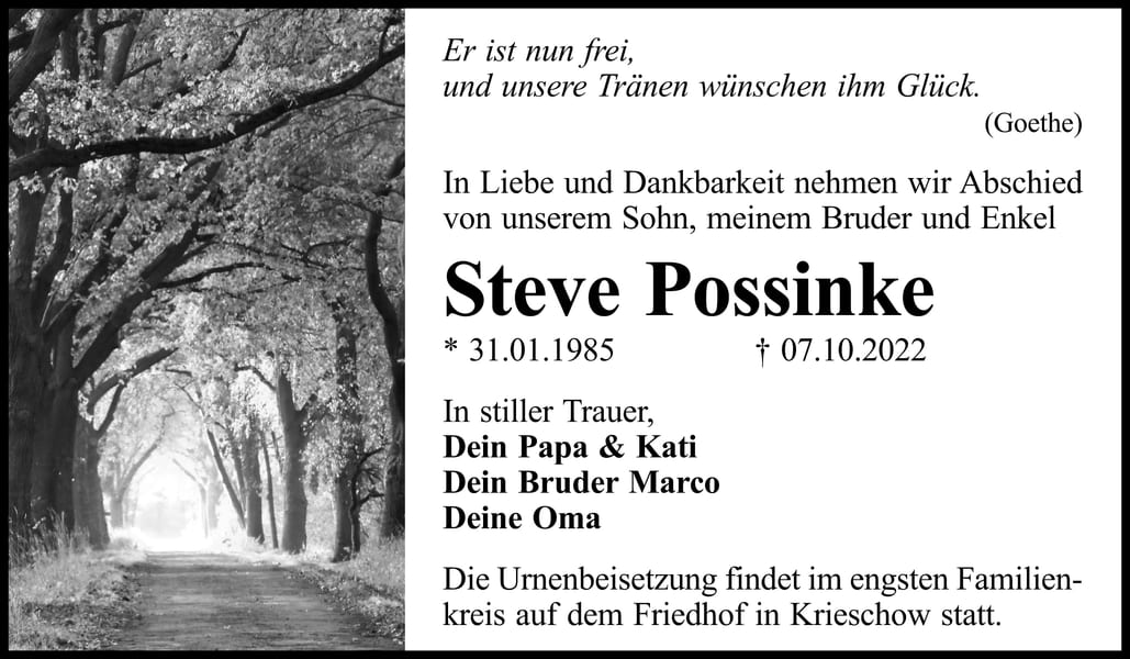 Traueranzeige Steve Possinke