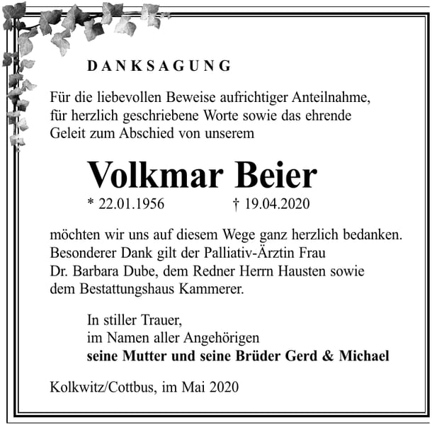 Danksagung Volkmar Beier