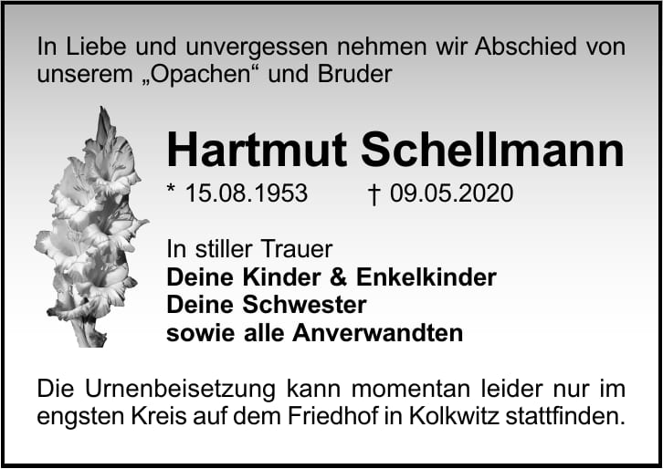 Traueranzeige Hartmut Schellmann