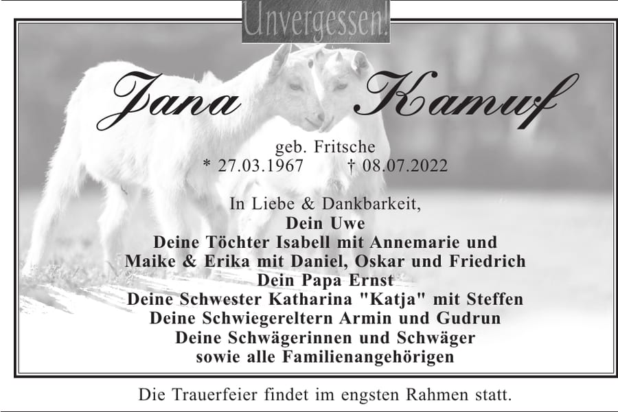 Traueranzeige Jana Kamuf, geb. Fritsche