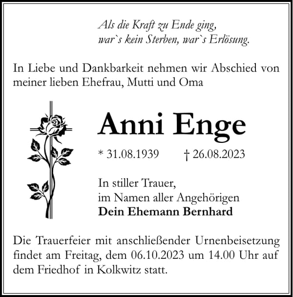 Traueranzeige Anni Enge