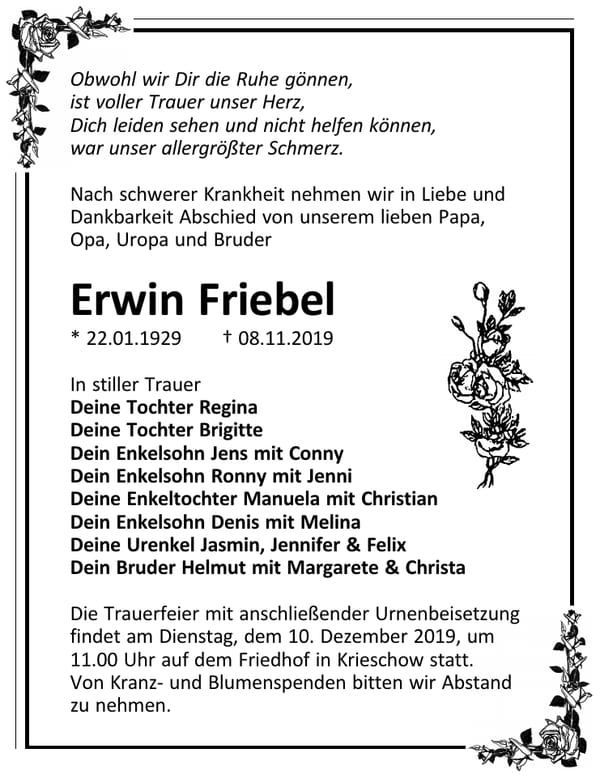 Traueranzeige Erwin Friebel