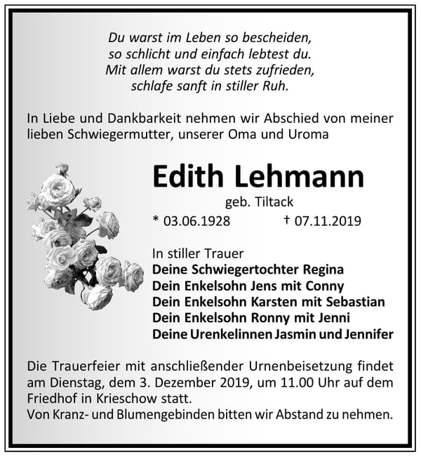 Traueranzeige Edith Lehmann, geb. Tiltack