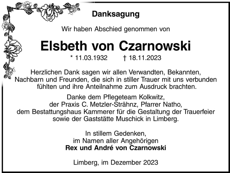 Danksagung Elsbeth von Czarnowski