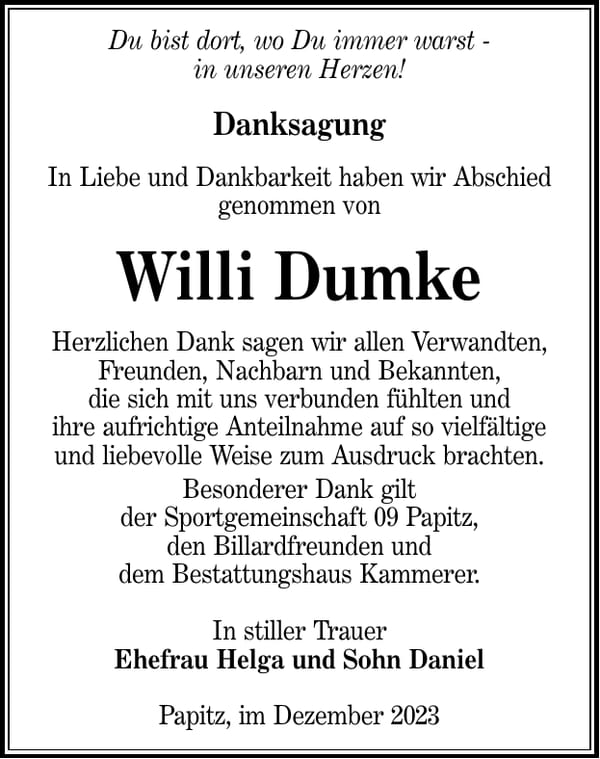 Danksagung Willi Dumke