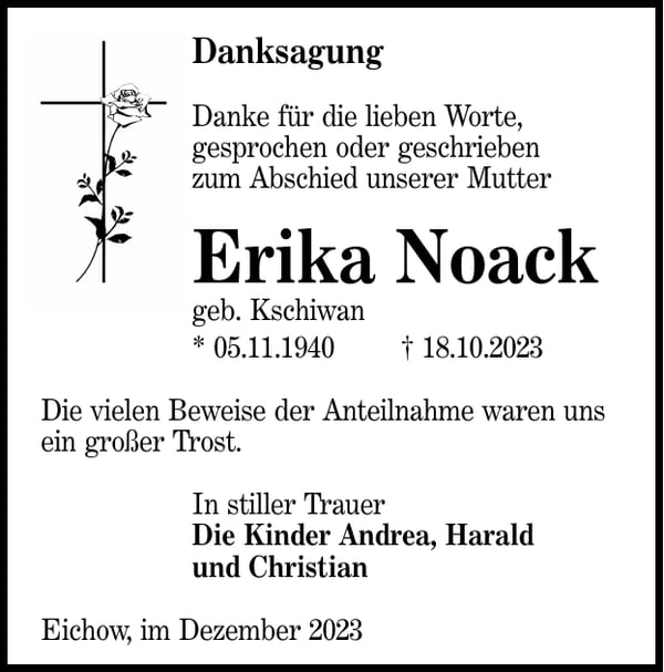 Danksagung Erika Noack, geb. Kschiwan