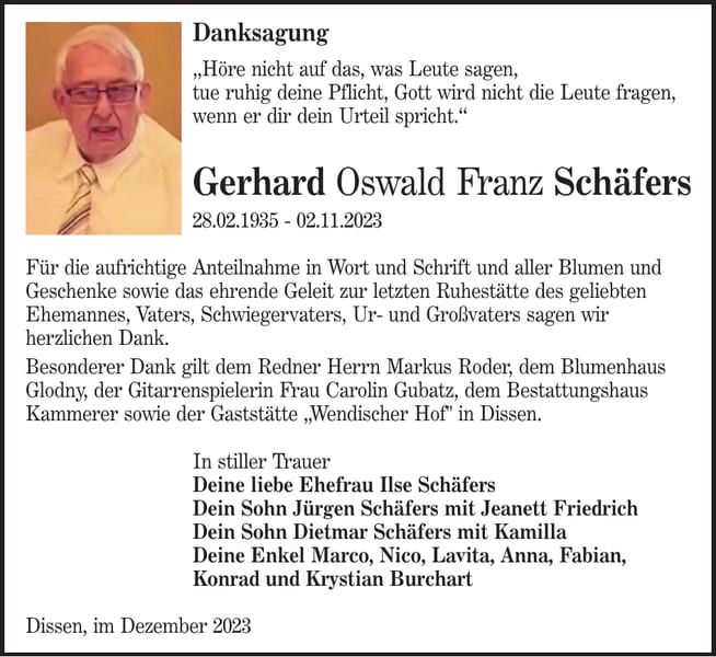 Danksagung Gerhard Oswald Franz Schäfers