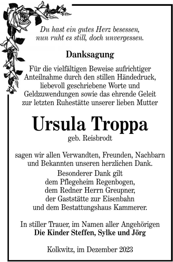 Danksagung Ursula Troppa, geb. Reisbrodt