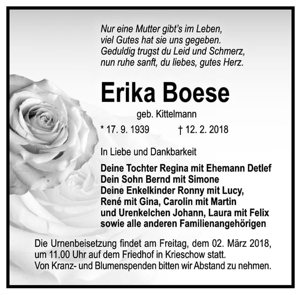 Traueranzeige Erika Boese, geb. Kittelmann