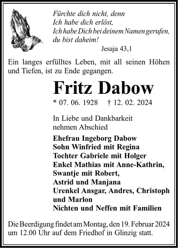 Traueranzeige Fritz Dabow