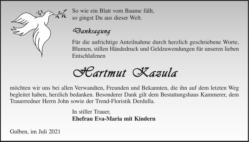 Danksagung Hartmut Kazula