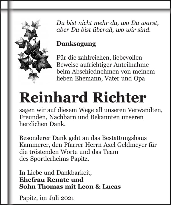 Danksagung Reinhard Richter