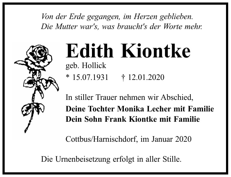 Traueranzeige Edith Kiontke, geb. Hollick