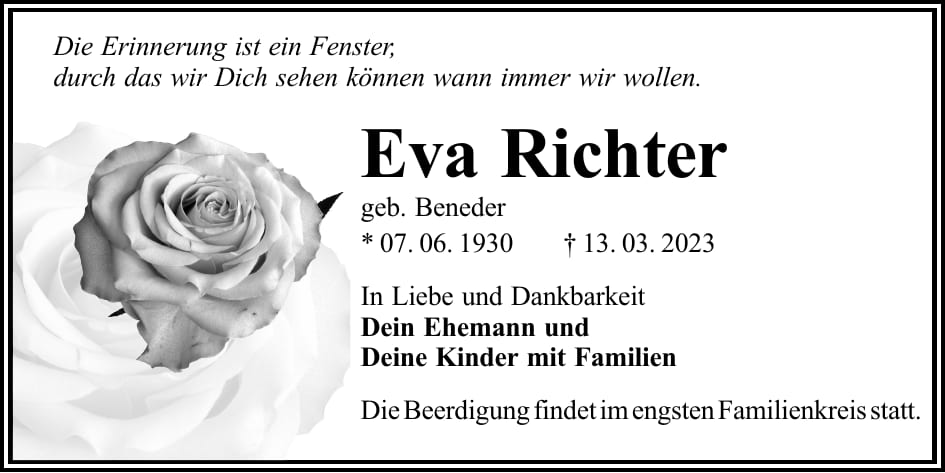 Traueranzeige Eva Richter, geb. Beneder