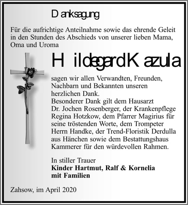 Danksagung Hildegard Kazula