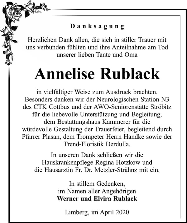 Danksagung Annelise Rublack