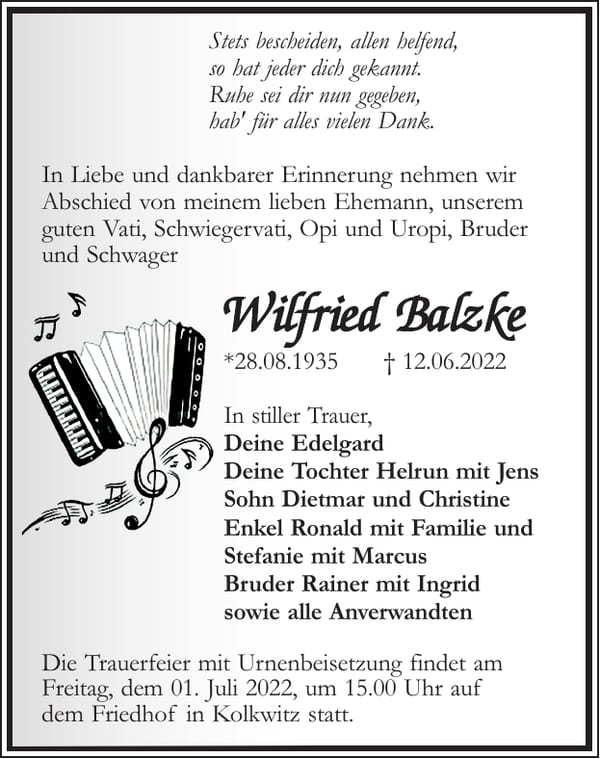 Traueranzeige Wilfried Balzke