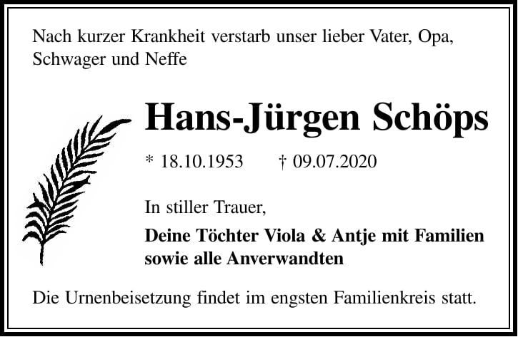 Traueranzeige Hans-Jürgen Schöps