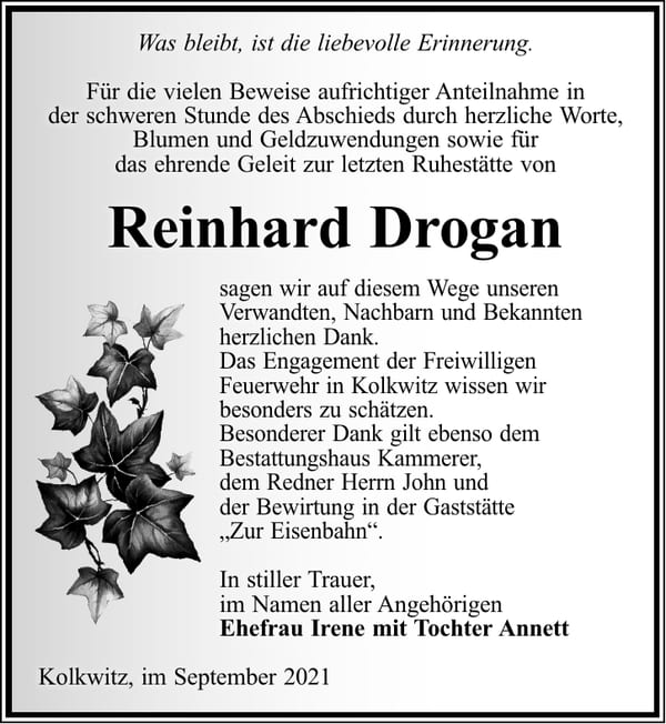 Danksagung Reinhard Drogan