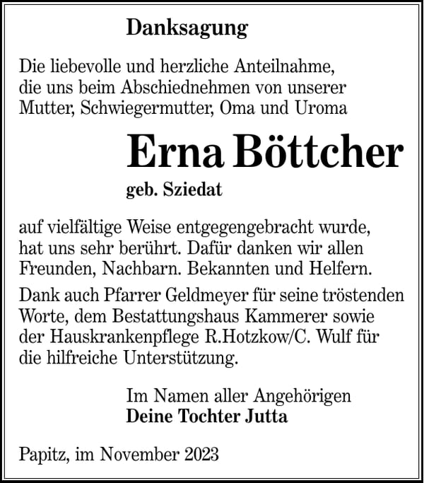 Danksagung Erna Böttcher, geb. Sziedat
