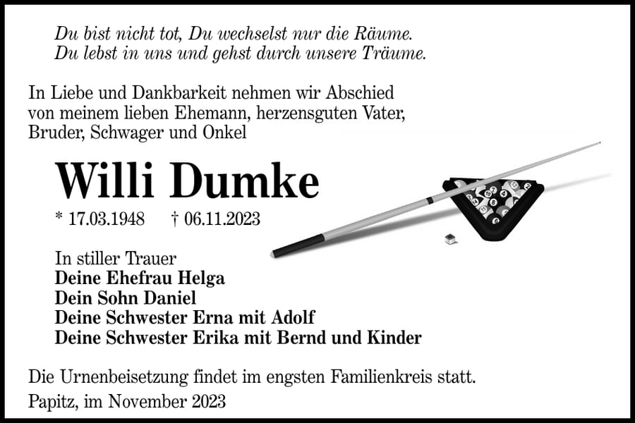 Traueranzeige Willi Dumke