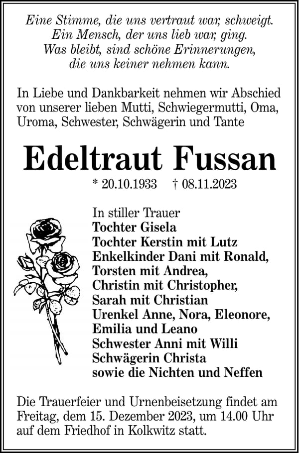 Traueranzeige Edeltraut Fussan