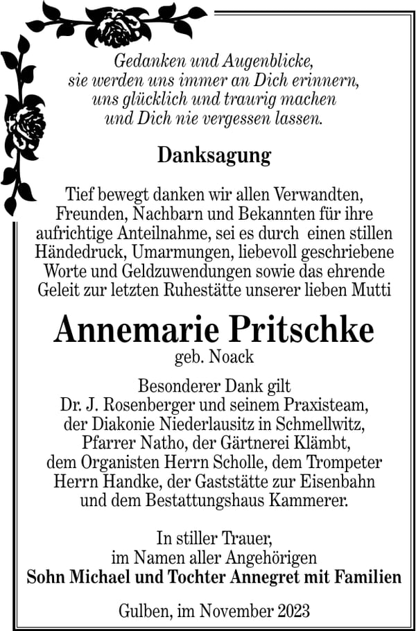 Danksagung Annemarie Pritschke, geb. Noack
