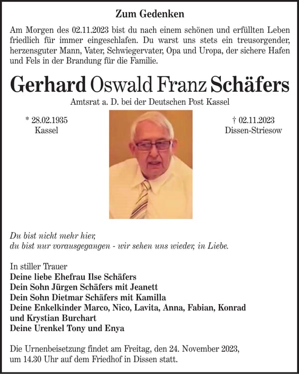 Traueranzeige Gerhard Oswald Franz Schäfers