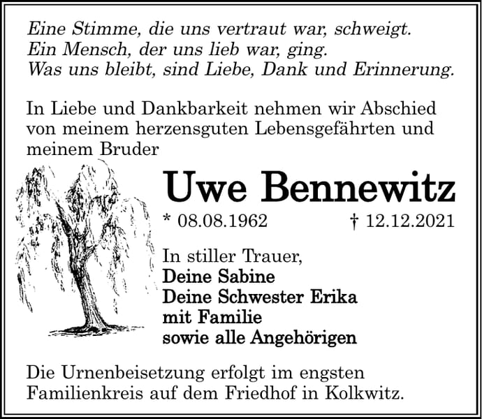 Traueranzeige Uwe Bennewitz