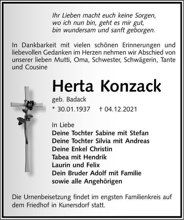 Traueranzeige Herta Konzack, geb. Badack