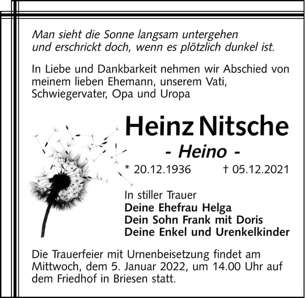 Traueranzeige Heinz Nitsche