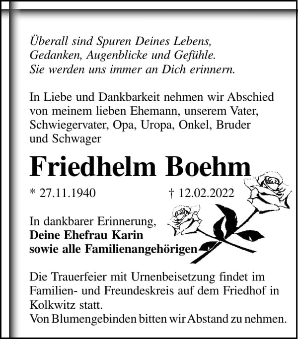 Traueranzeige Friedhelm Boehm