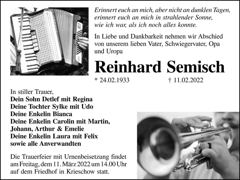 Traueranzeige Reinhard Semisch